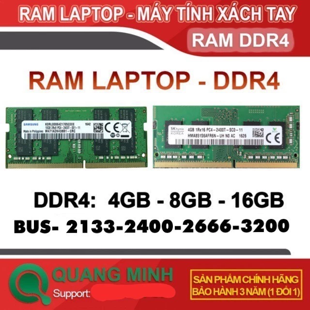 Ram Laptop DDR4 4GB 8GB 16GB Bus 2133/2400/2666 (Samsung/ Hynix / MT/ Kingston Hàng bảo hành 36 tháng)